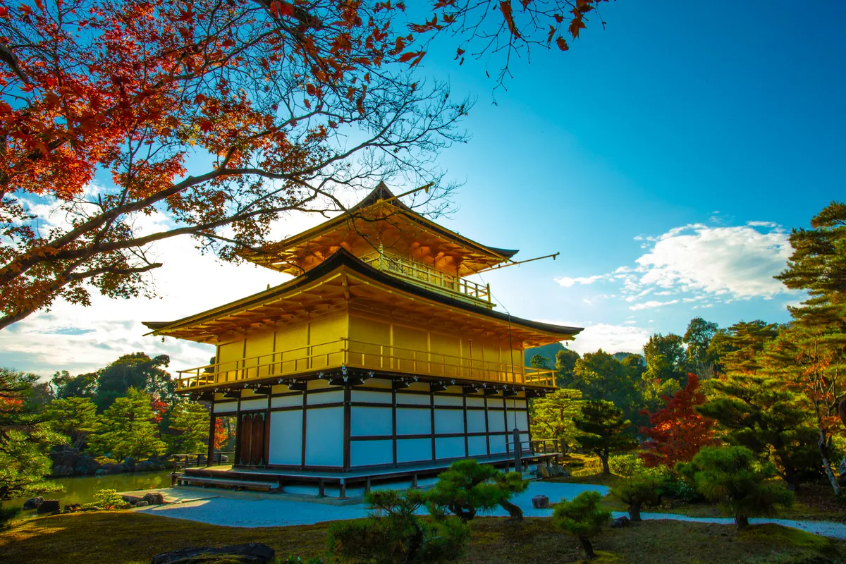 Kinkaku-ji framed by red autumn leaves beneath a clear blue sky in Kyoto.