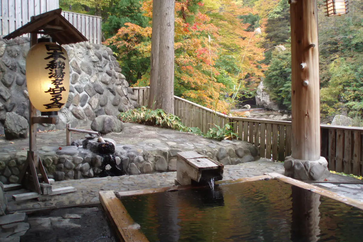 An outdoor stone hot-spring bath surrounded by autumn foliage.