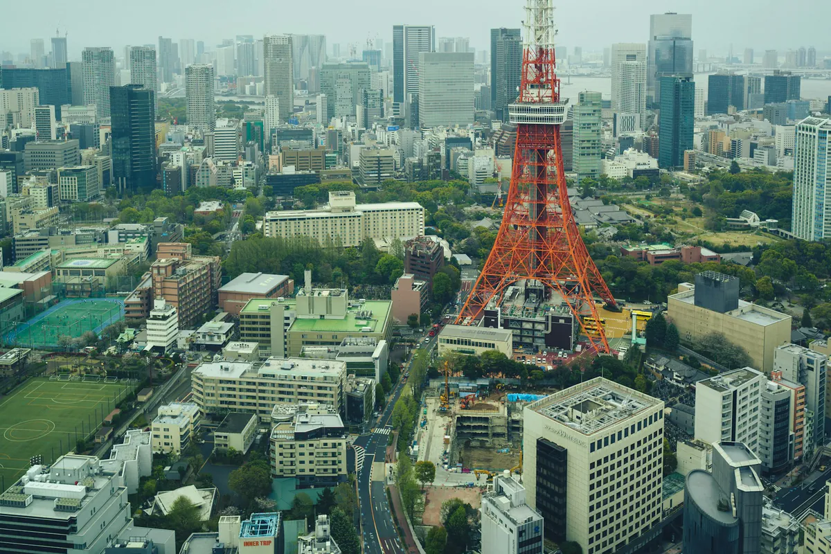 Tokyo Tower rising above the city skyline.