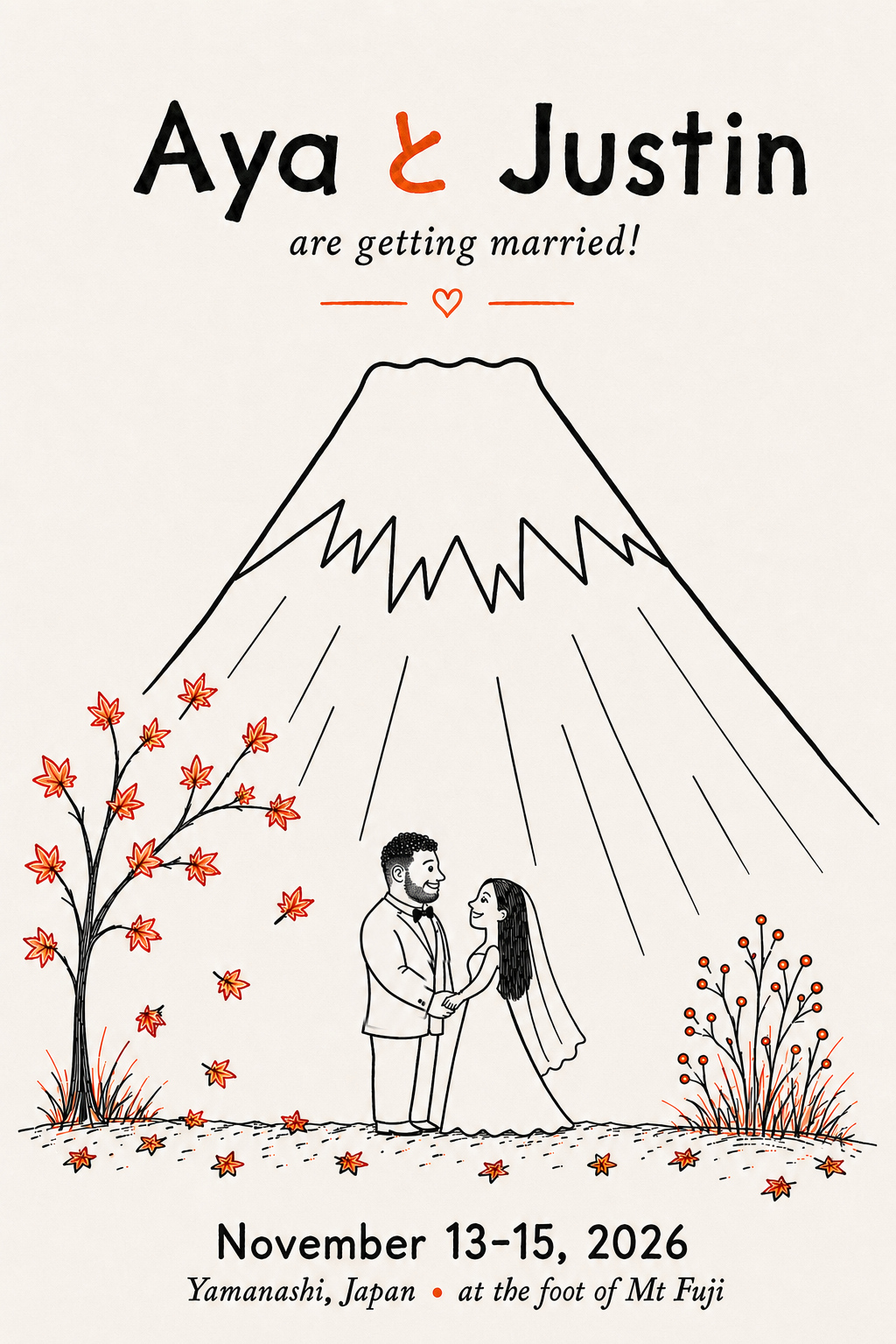 Hand-drawn illustration of Aya and Justin holding hands beneath Mt Fuji in autumn.
